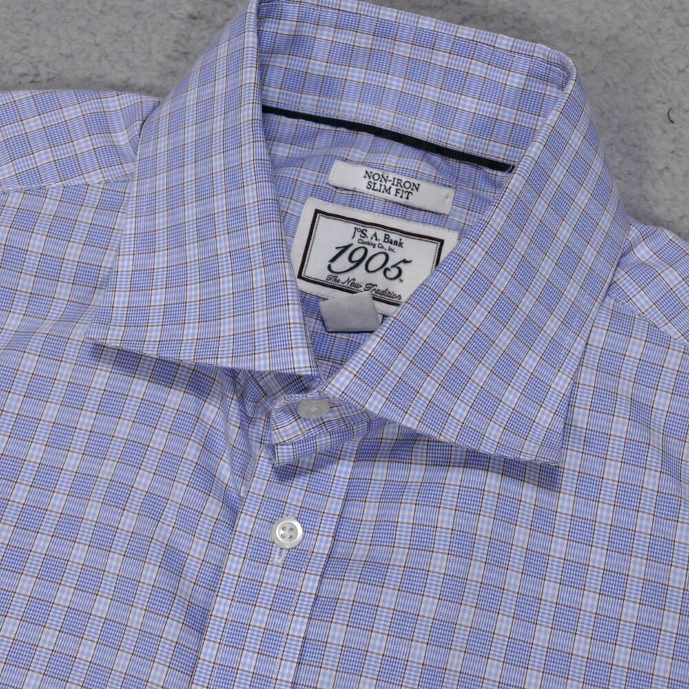 Jos A Bank Dress Shirt Men 16-35 SLIM Fit Blue Brown Plaid Button Up Long Sleeve